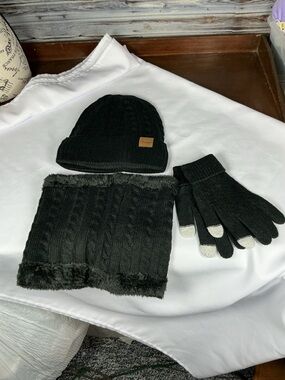 ⭐ 3pc Winter Set Beanie Scarf Gloves Black Fleece Lined Touchscreen